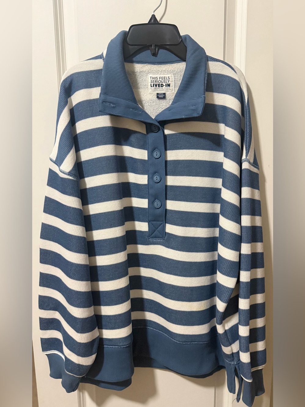 American Eagle Outfitters Oversized Blue & White Striped Henley Pullover